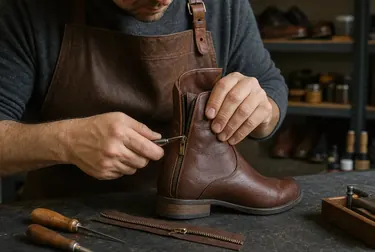 Sapateiro consertando zíper de bota em Dourados.