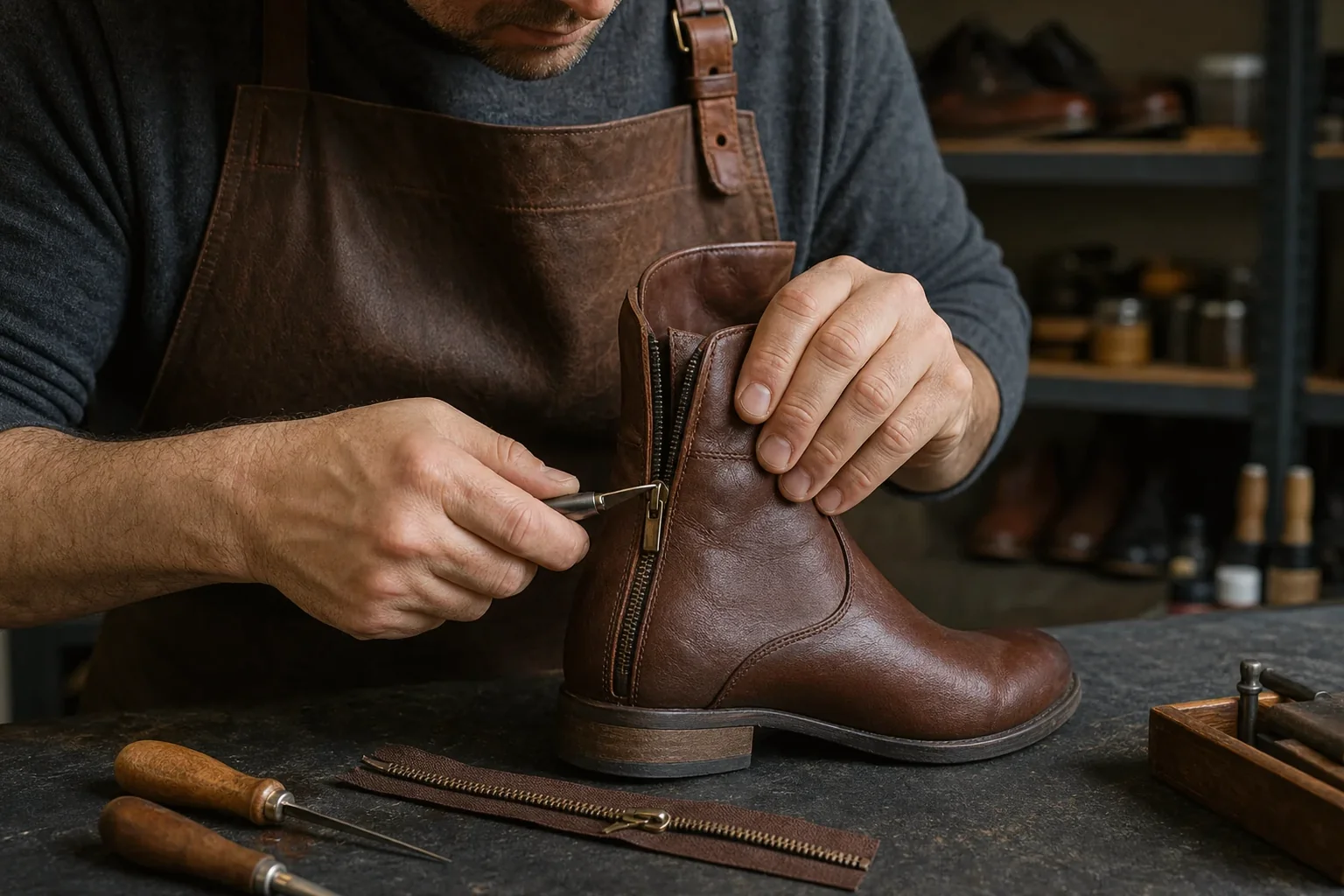Sapateiro consertando zíper de bota em Dourados.