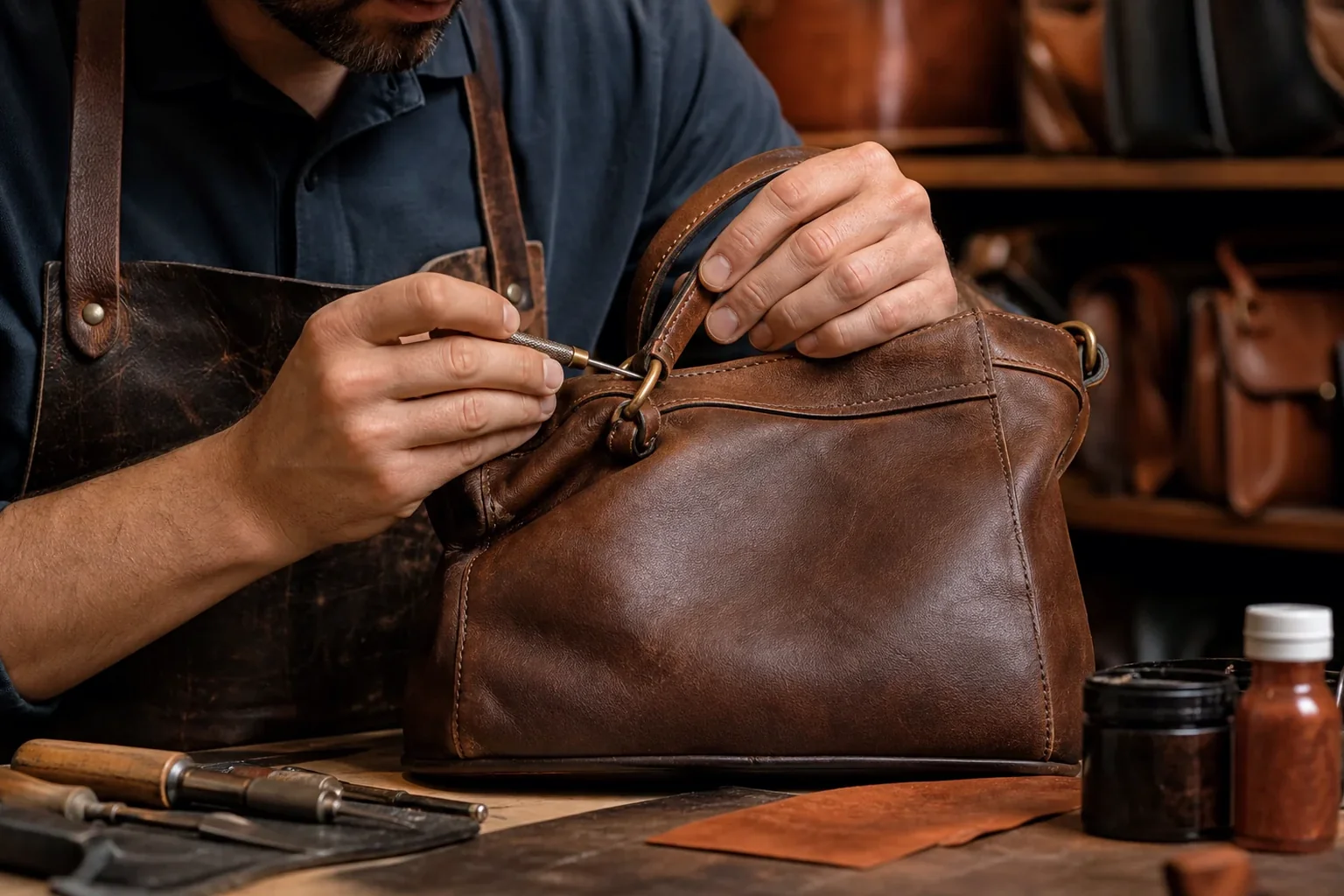 Sapateiro reformando bolsa de couro em Dourados.